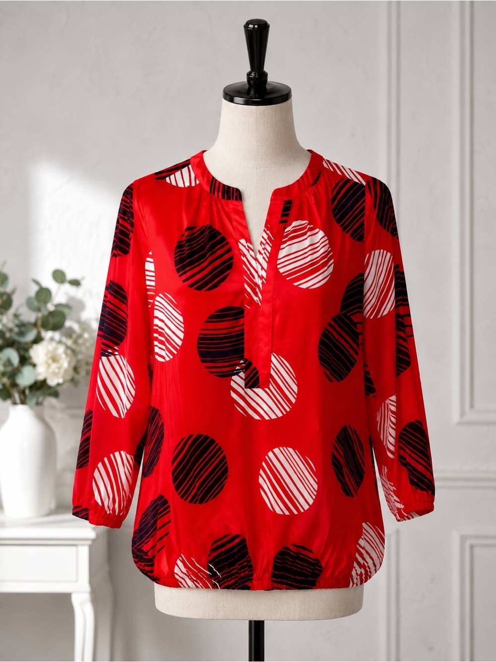 Zara Red Polka-Stripe Split V-Neck Blouse